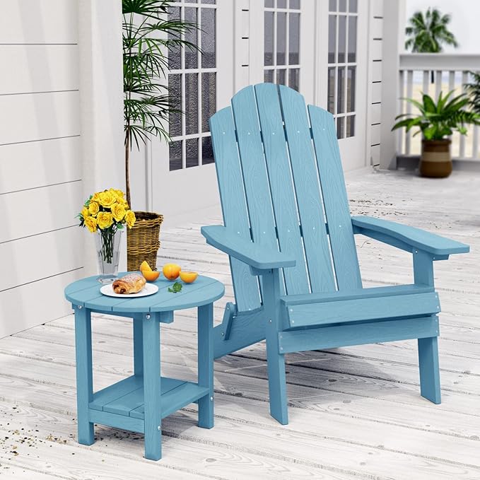MXIMU Round Outdoor Side Table Adirondack Tables 18 Inch Chairside End Tables with Storage Shelf, 2-Tier Plastic Patio Side Table, Weather Resistant for Balcony Backyard Lawn (Blue, 2 Pack)