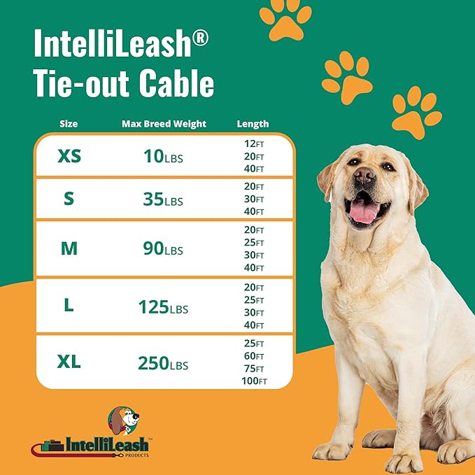 IntelliLeash 25 ft Tie-Out Cables for Dogs - Strong, Safe, and Durable Dog Tie-Outs for Small Dogs up to 90 Pounds - Weather and Wear Resistant Galvanized Aircraft Cable for Outside Use