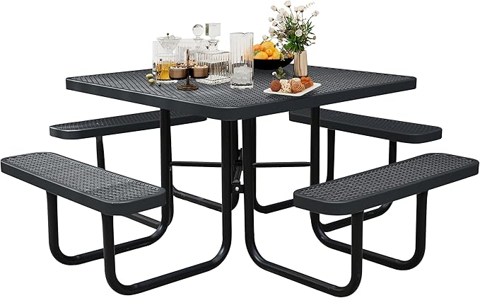 8-Person Picnic Tables for Outdoors, Industrial 46" Expanded Metal Square Picnic Table with 4 Benches & Umbrella Hole, Outside Table and Bench Set for Garden, Backyard, Porch, Patio, Black