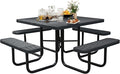 46Inch Square Picnic Table for 8 Person, Outdoor Heavy Duty Sturdy Picnic Tables with 4 Benches & Umbrella Hole, Commercial Metal Patio Picnic Table for Garden, BBQ, Coffee Store, Party, Porch (Black)