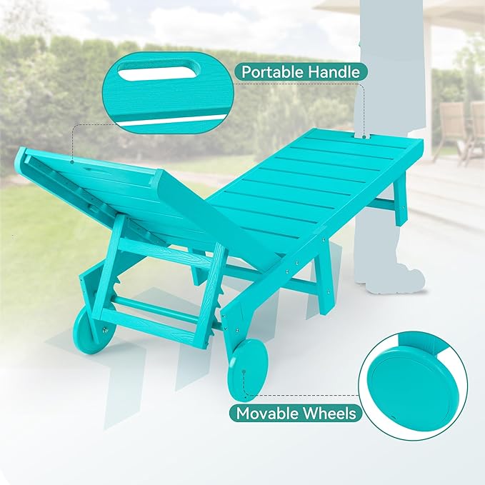 Outdoor Chaise Lounge Chairs with Table, 2-Piece, 26.8” Super Wide Lounge Chair Outdoor, HDPS Pool Chairs with 5 Positions, Patio Lounge Chair with Wheels for Pool,Lawn,Backyard, Aruba Blue