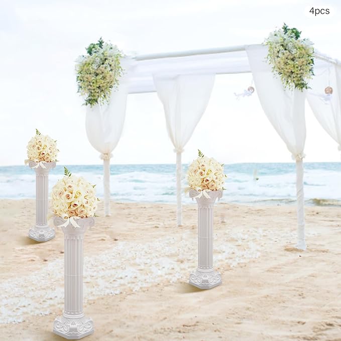 Roman Columns Wedding Column Stand Roman Pillar Plant Stand Plastic Greek Column Statue Pedestal Flower Pot Holder Decor Wedding Event Party Elegant Decorative Column (White, 4Pcs, 10.63x34.65 Inch)