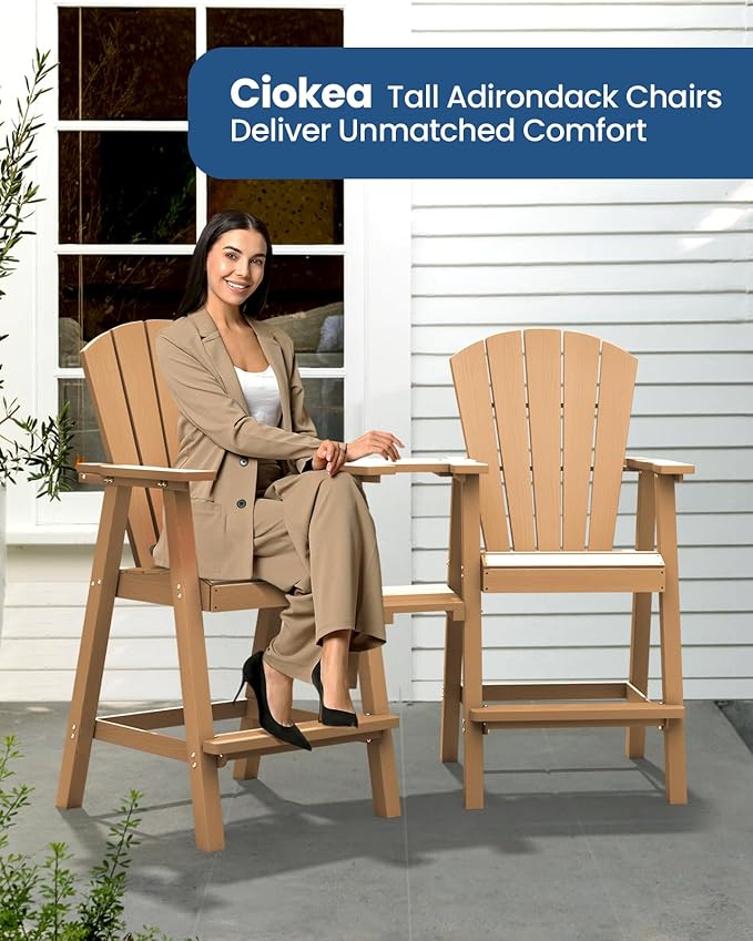 Ciokea Tall Adirondack Chairs Set of 2, HDPE Outdoor High Back Adirondack Chair with Double Connecting Tray, Weather Resistant Balcony Chairs for Deck, Lawn, Pool, Backyard, Teak