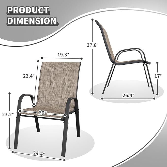Patio Dining Chairs Set of 2, Outdoor Stackable Dining Chairs High Back, Patio Furniture for Backyard, Porch, Garden, Poolside (Brown)