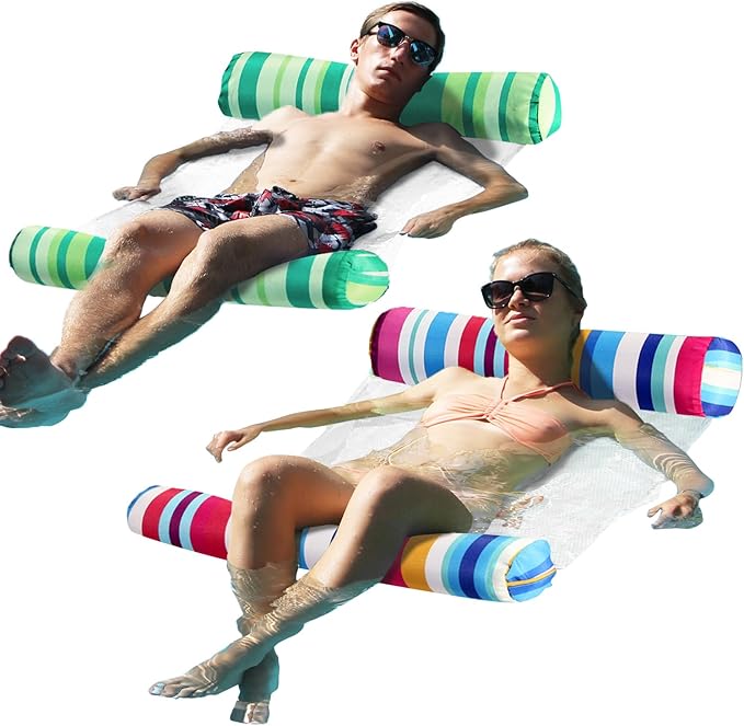 FindUWill 2 Pack Fabric Water Swimming Pool Floats Hammock, XL, Inflatable Multi-Purpose Water Hammocks Floaties (Saddle, Lounge Chair, Hammock, Drifter), Pool Float Lounger for Adults Vacation