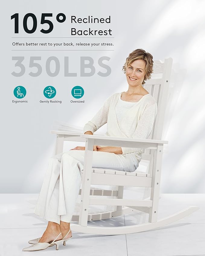 SERWALL White Outdoor Rocking Chair Set of 2, HDPE Outdoor Rocker
