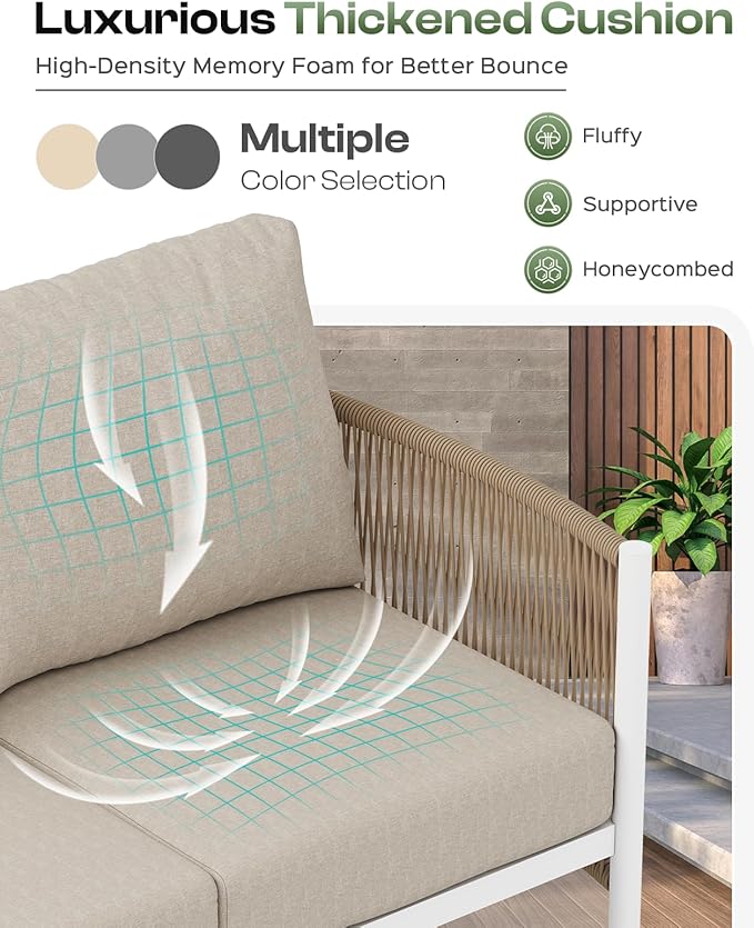 Aluminum Outdoor Sofa Armchair, HDPE Rope Patio Couch with Washable Thick Cushion, All-Weather Outdoor Patio Chairs Set of 2 for Balcony, Yard, White Frame, Ivory