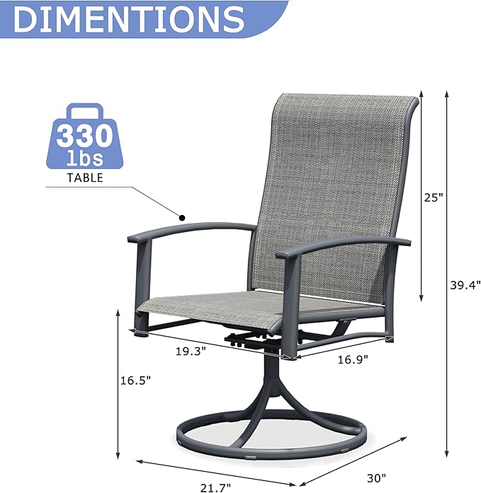 Outdoor Patio Swivel Dining Chairs Set of 6, All-Weather Swivel Rocker Chairs with Textilene High Back and Black Rust-Proof Metal Frame, Perfect for Patio, Lawn, Garden, or Backyard, Grey