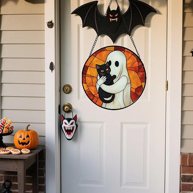 Stained Glass Window Hanging - Halloween Decorations White Ghost Black Cat Suncatcher for Doors Garden Spooky Funny Orange Sun Catchers Gothic Decor Horror Gifts for Women Men Friend 7.8 in