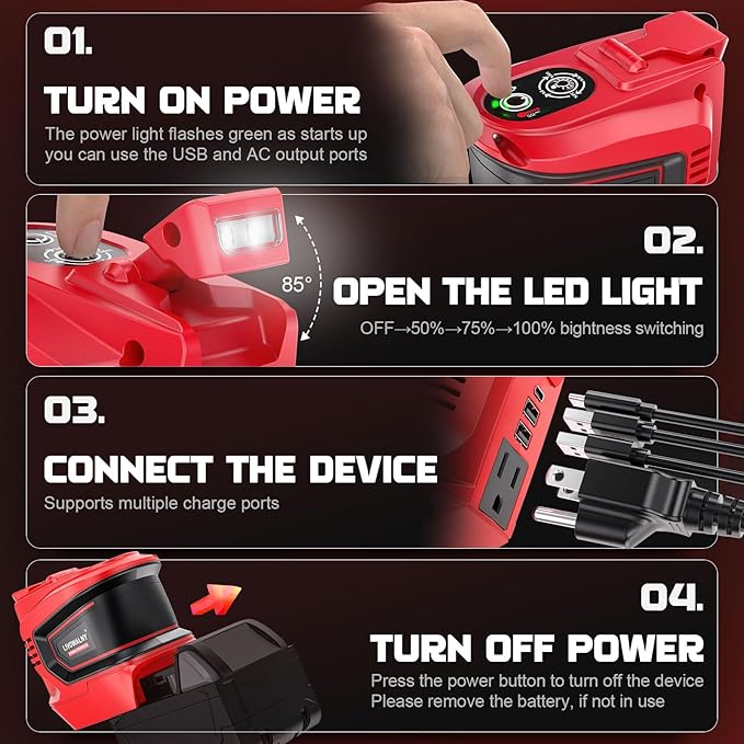 2 Packs Power Inverter Compatible with Milwaukee 18V, LIVOWALNY Real 200W Battery Inverter 18V to 110V, Power Adapter Charger Adapter Power Station Power Supply 2 USB-A & 1 Type-C & 1 AC (No Battery)