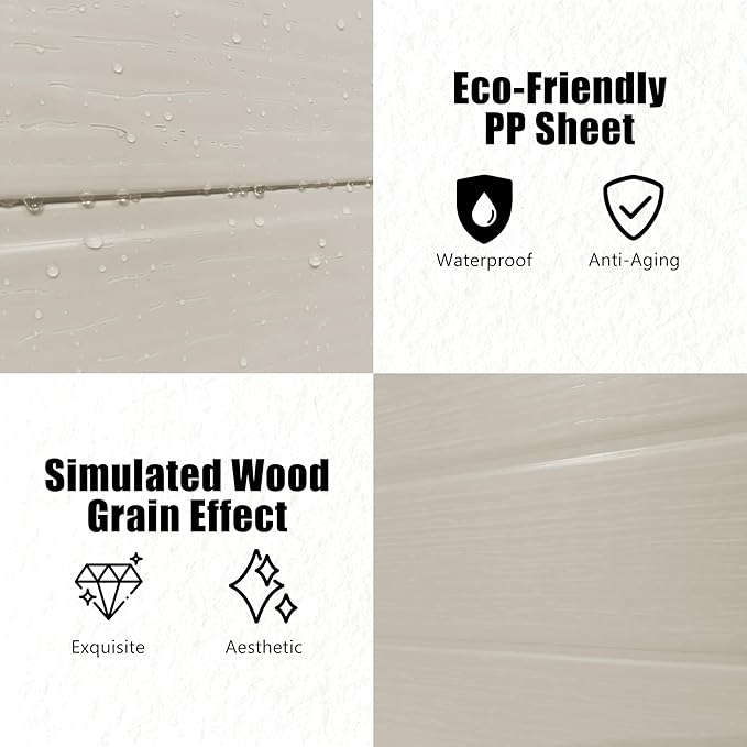Outdoor Shed 5x3/6x4/7x7/8x6/8x10/8x12 FT, 15MM Thick PP Resin Plastic Shed with Lockable Door & Floor - Waterproof Plastic Tool Shed for Bike, Garbage Can, Backyard, Patio ﻿ ﻿ (Light Brown, 8x12FT)