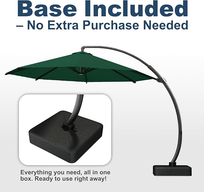 11FT Cantilever Umbrella with Base Large Curvy Outdoor Aluminum Offset Umbrella w/ 360° Rotation, UV Resistant Canopy for Patio, Garden, Backyard, Forest Green