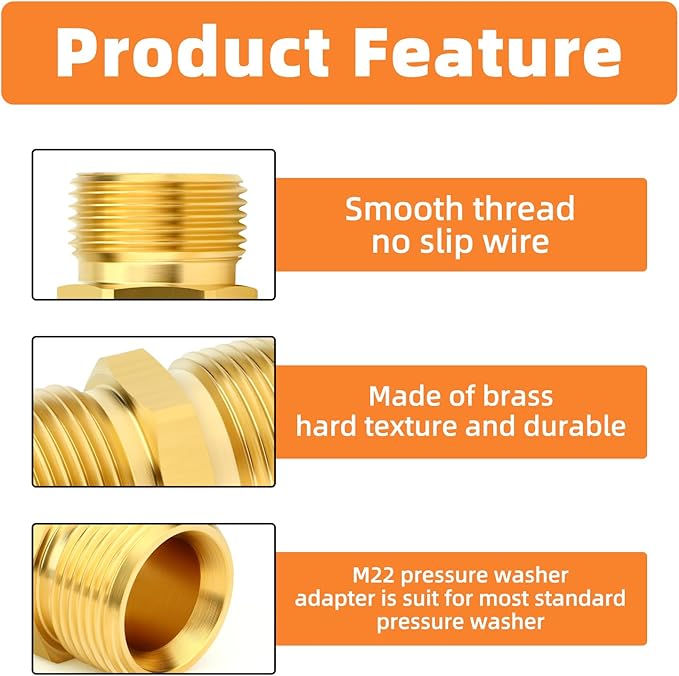 GASHER 5Pcs Brass M22 Pressure Washer Fitting,M22-14mm Male x M22-14mm Male Thread Fittings,For Pressure Washer Hose