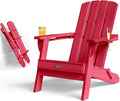 Folding Adirondack Chair with Wood Texture, HDPE All-Weather Fire Pit Chairs, Plastic Adirondack Chairs with 2 Cup Holder, Outdoor Lawn Chair for Patio Garden (Red)