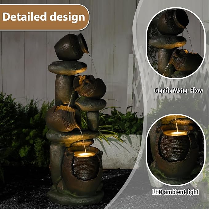 Outdoor Fountain with LED Lights, 48.43" Tall Garden Water Fountain - Resin & Fiberglass Freestanding Fountain for Patio, Backyard - Easy Setup Kit