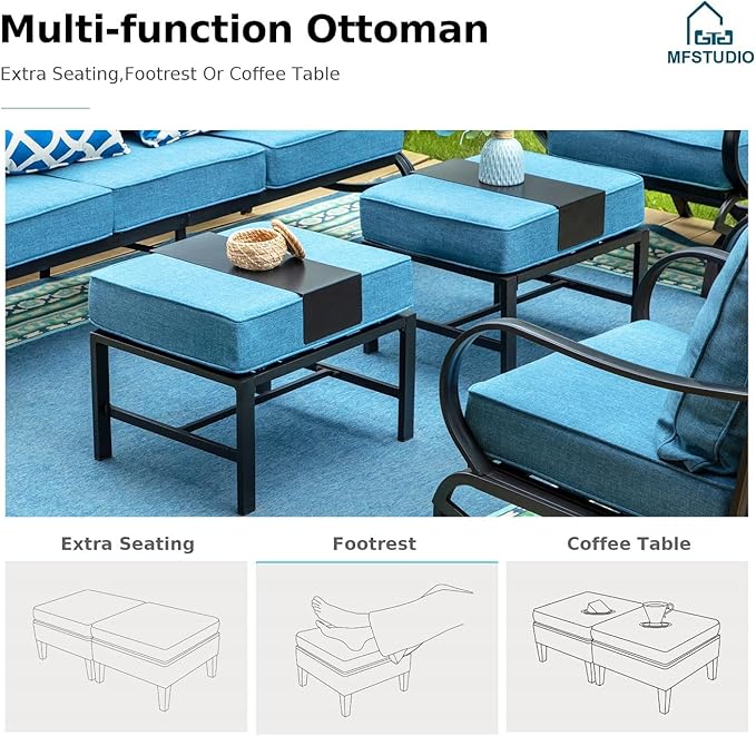 MFSTUDIO 6 Pieces Patio Furniture Sets with 45" Gas Fire Pit Table(Up to 7 Seat), Outdoor Metal Frame Patio Conversation Sofas with 1 x 3-Seat Sofa, 2 Rocking Chairs and 2 Ottoman, Navy Cushion