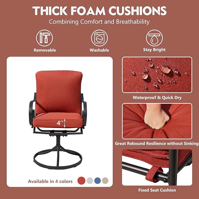 MELLCOM Patio Swivel Chair Set of 8, Heavy Duty Outdoor Dining Chairs with Thickened Cushions, Metal Patio Chairs Gentle Rocker for Outside, Garden Lawn & Porch, Backyard, Red