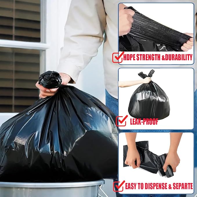 8-10 Gallon Trash Bags, 300 Count Black Garbage bags, Multi-purpose Trash Can Bin Liners for Bathroom, Office, Industrial, Commercial, Janitorial, Municipal, Recycling