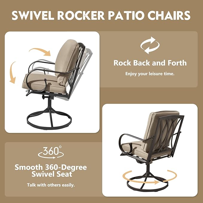 MELLCOM Patio Swivel Chair Set of 8, Heavy Duty Outdoor Dining Chairs with Thickened Cushions, Metal Patio Chairs Gentle Rocker for Outside, Garden Lawn & Porch, Backyard, Khaki