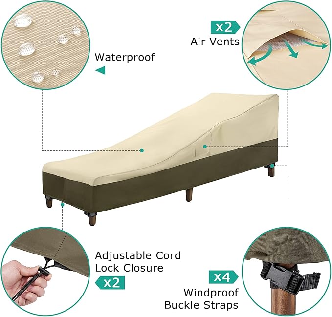 SunPatio Chaise Lounge Cover Outdoor Waterproof, Heavy Duty 2 Pack Patio Lounge Chair Cover, UV & Rip & Fade Resistant, All Weather Protection, 80W x 32D x 25H inch, Beige & Olive