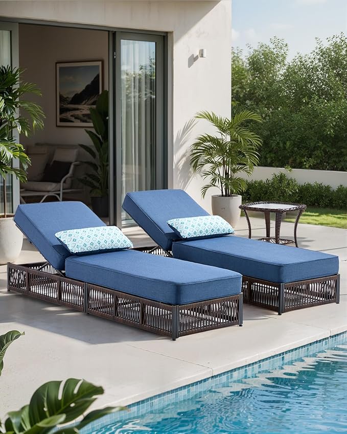 Luxury 2PCS Outdoor Chaise Lounge and Side Table Set with 5 Inch Thick Cushions - High Back Brown Wicker Patio Recliners Chairs Lounger for Poolside Pool Porch Garden Sunbathing - Navy Blue