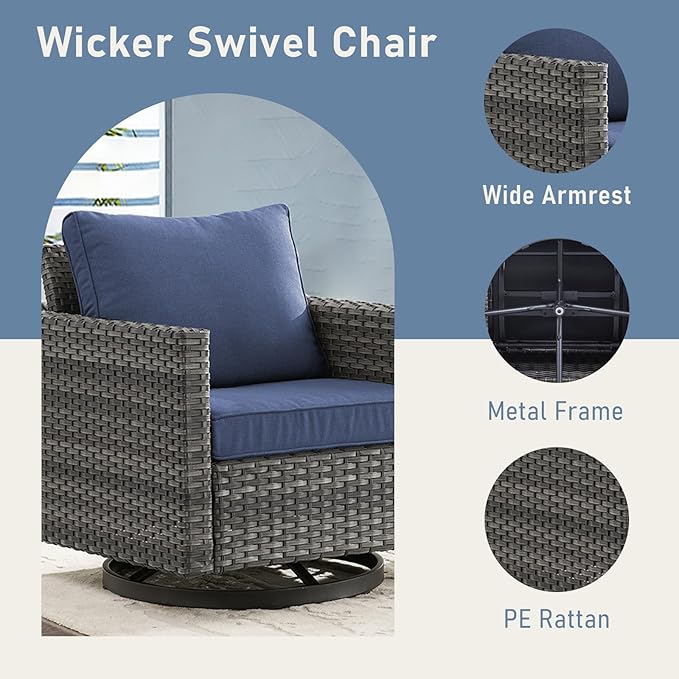 Luxury Outdoor Swivel Rocker Patio Chairs Set of 2, Swivel Patio Chairs for Porch, Yard, Deck, Poolside, Grey/Blue
