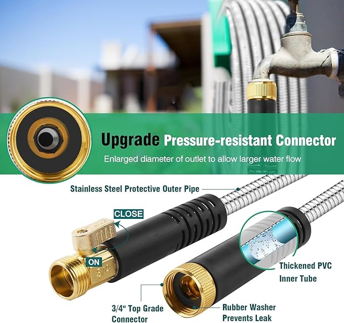 Metal Garden Hose 100Ft Stainless Steel Water Hose Heavy Duty with 10 Way Nozzle-Flexible Lightweight Durable No Kink & Tangle，Strong 3/4’’ Solid Metal Fitting a Stop Valve for Outdoor Yard