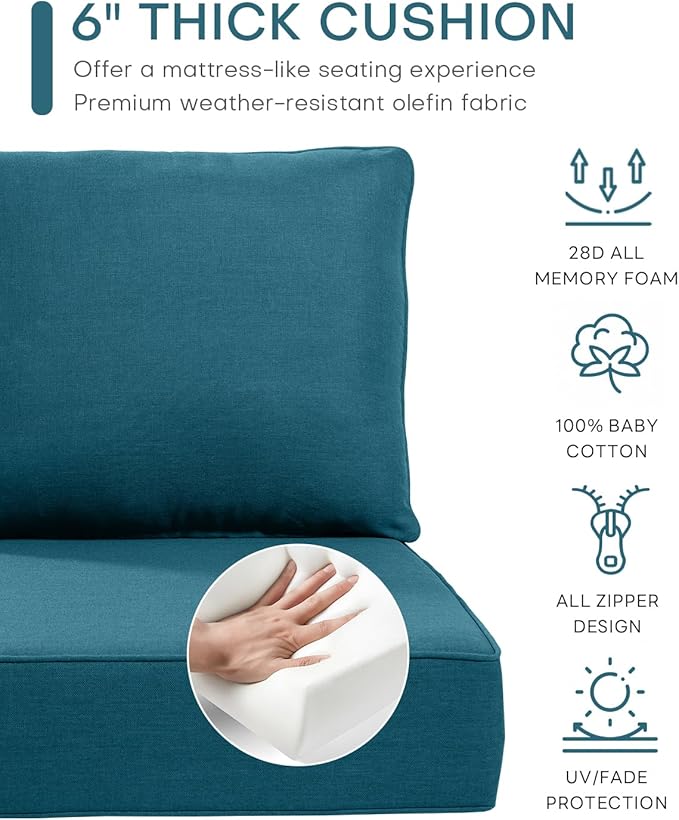 Luxury 22x24/22x25 6-Inch Patio Chair Cushions Set of 3 - Memory Foam Deep Seat Water-Resistant Patio Cushion for Lawn Dining Rocking Swivel Chairs Loveseat Sectional Sofa - Peacock Blue