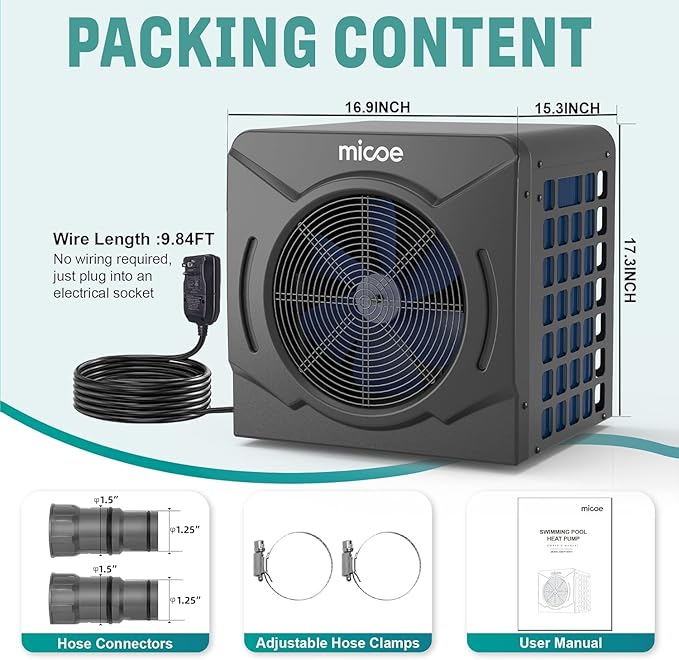 MICOE 17000 BTU Energy Efficient Electric Pool Heat Pump for Above Ground Pools Up to 15ft (8/11/15ft) & 5,000 Gallons, Swimming Pool Heater with Easy Install Kit,110V/120V (17000 BTU Pro)