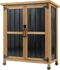 Outdoor Storage Cabinet, Small Wood & Metal Storage Shed with Lockable Doors & Adjustable Shelves, Vertical Outdoor Cabinets for Patio Backyard,Garden Tool Shed and Accessories, Brown