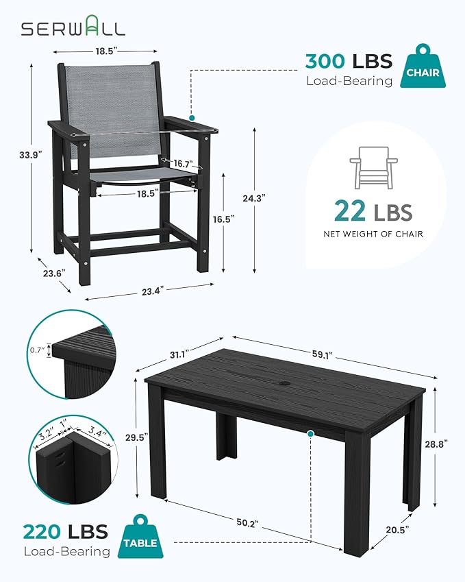 SERWALL Outdoor Dining Sets for 4 with 1 Umbrella Hole Cut-Out Rectangular Table and 4 Textilene Chairs, Patio Dining Table Sets for Garden, Backyard, Poolside, Black