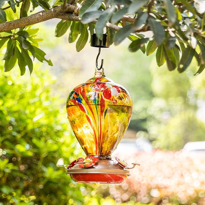 2 Packs Hummingbird Feeder for Outdoors Hanging Ant and Bee Proof, 34OZ 32OZ Hand Blown Glass Hummingbird Feeders for Outside (Yellow & Blue)
