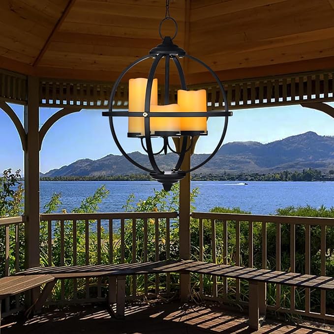 Battery Operated Outdoor Candle Chandelier - Black Metal Globe Hanging Pendant Light with 3 Flameless Candles, 12.6" Waterproof Lights for Gazebo, Pergola, Garden, Porch & Backyard