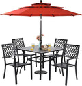 Sophia & William Metal Outdoor Patio Dining Set 6 PCS with 10ft 3 Tier Auto-tilt Umbrella(Orange Red), 4 x Metal Outdoor Chairs, 1 x Square 37"x 37" Dining Table and 1 Patio Umbrella