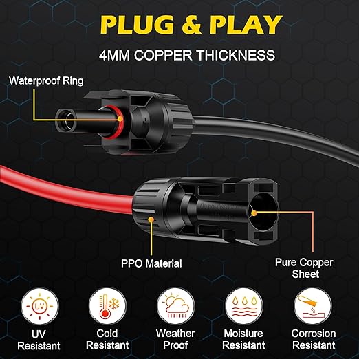 6Ft Solar Cable Solar Extension Cable,12AWG SolarPanel Extension Cable with Female and Male Connectors,Waterproof SolarExtensionCable Kit (Red and Black).