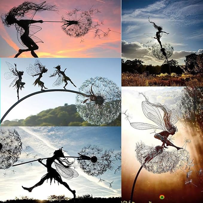 Flower Fairy Dancing with Dandelion Garden Art Sculpture Stainless Steel Statue Christmas Halloween Decoration for Outdoor Yard Courtyard Lawn Patio Metal Ornaments (Hurdle)