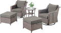 Outdoor Wicker Patio Furniture Set - 5 Piece Outside Rattan Conversation Bistro Dining Chair Sets with Rocking Swivel Chairs, Ottomans and Side Table for Porch Yard Balcony – Brown/Grey