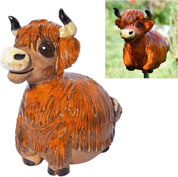 Ceramic Garden Decor - Cow Lawn stake - Outdoor statue - Perfect, unique gifts for gardeners woman, men, yard gifts - Handmade, Frostproof