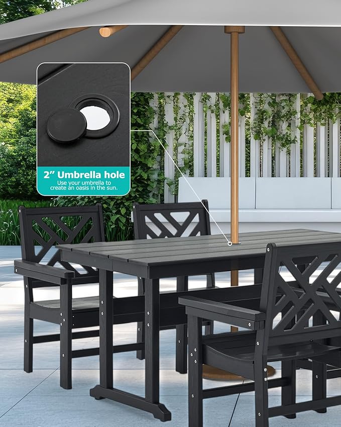 7 Piece HDPE Outdoor Dining Set for 6, Patio DHPE Furniture Set with Umberlla Hole, Weather Resistent Outdoor Table and Chairs for Garden, Poolside, Backyard, Deck, Black