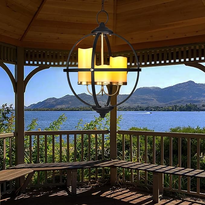 Battery Operated Outdoor Candle Chandelier - Black and Gold Metal Globe Hanging Pendant Light with 3 Flameless Candles, 12.6" Waterproof Lights for Gazebo, Pergola, Garden, Porch & Backyard