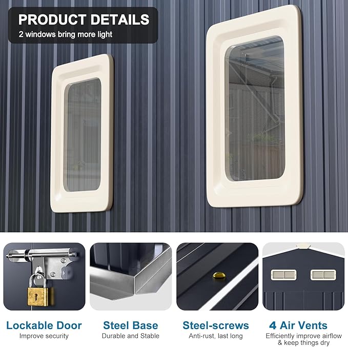 10x12 FT Metal Outdoor Storaged Shed with Floor Base Waterproof Reinforced Frame with Unique Clear Roof Skyview Windows Air Vents Door for Garden Patio Backyard Large Tools Storage Lawnmower,Dark Grey
