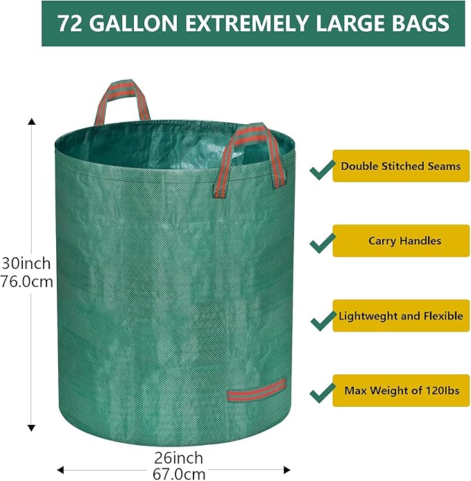 Reusable Yard Waste Bags, 72 Gallon Lawn and Leaf Bags 3 Pack with Reinforced Handles and Gardening Gloves, Heavy Duty Standable Garden Waste Bags for Leaves, Grass, Camping, Recycling