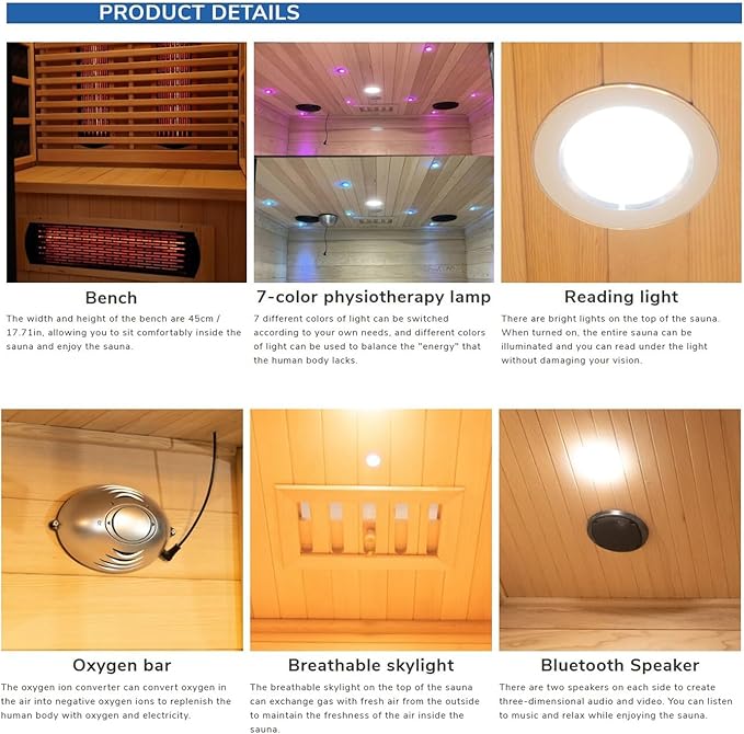 4 People Indoor Infrared Sauna, Low EMF Full Spectrum Red Heater with Carbon Heating Panels, Canadian Hemlock Wood, WiFi Control, 7-Color Starry Light, Reading Lamp, 2700W, 220V