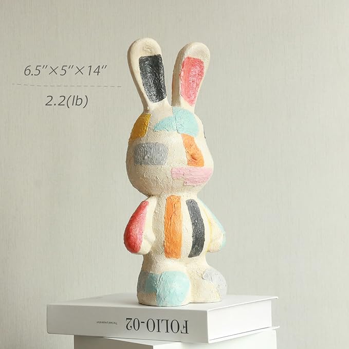Lukitas Bunny Statue Decor, Colorful Artistic Rabbit Sculpture, Vibrant Faux Sandstone Decorative Ornament for Garden Patio Yard Living Room, Resin 14''