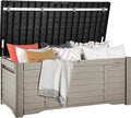 DWVO 120 Gallon Outdoor Storage Box, Large Resin Deck Box with Louver Design, Lockable Patio Storage Bin for Indoor and Outdoor Use, Pillows, Tools, and Pool Supplies -Black & Brown