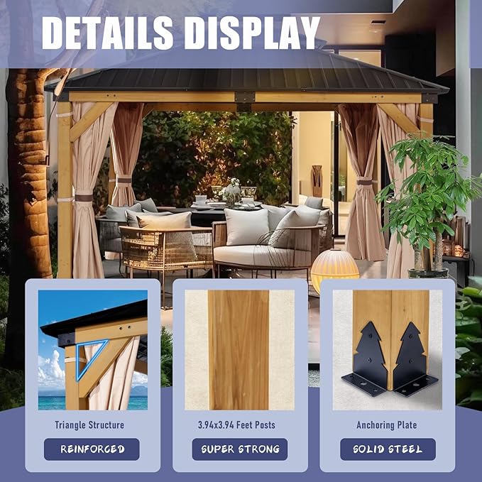 CHARMELEON 10'x12' Wood Gazebo,Patio Cedar Wood Gazebo with Mosquito Netting and Curtains, Galvanized Steel Hardtop Pavilion for Outdoor, Garden, Deck