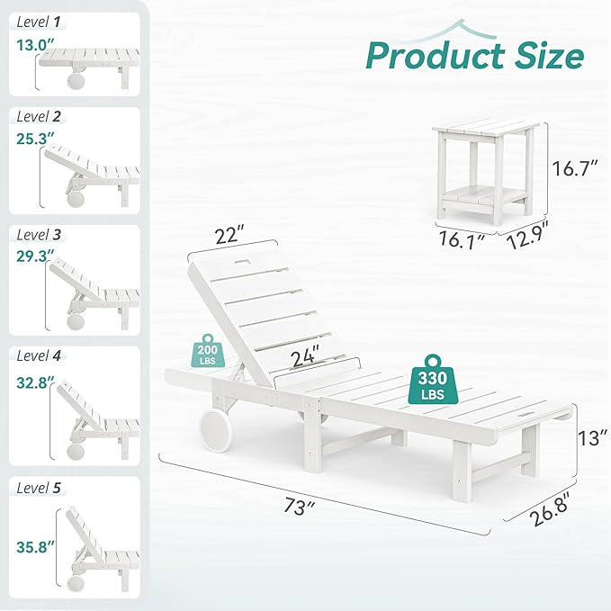 Outdoor Chaise Lounge Chairs with Table, 6-Piece, 26.8” Super Wide Lounge Chair Outdoor, HDPS Pool Chairs with 5 Positions, Patio Lounge Chair with Wheels for Pool,Lawn,Backyard, White