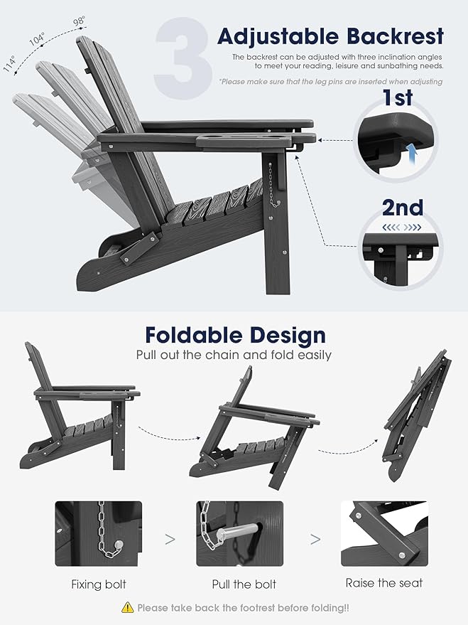 KINGYES Adjustable Folding Adirondack Chair with Footrest & 4-in-1 Multi-Functional Armrest Organizer, HDPE Foldable Reclining Adirondack Chair with Pull-Out Ottoman, Gray