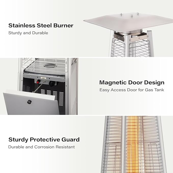 LAUSAINT HOME Pyramid Patio Heater, 48,000 BTU Outdoor Patio Heater All Stainless Steel, Upgraded Quartz Glass Tube Propane Heater for Backyard Commercial, Tip-Over Protection, Cover & Wheels