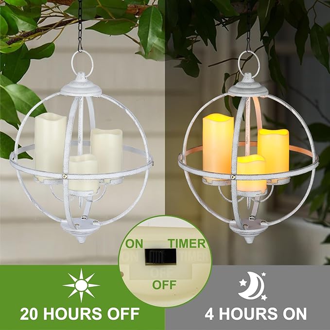 Battery Operated Outdoor Candle Chandelier - White Metal Globe Hanging Pendant Light with 3 Flameless Candles, 12.6" Waterproof Lights for Gazebo, Pergola, Garden, Porch & Backyard